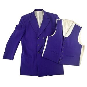 Primo Mens 46 Blazer Vest Set Purple Pinstripe Double Breasted Suit Jacket 2pc